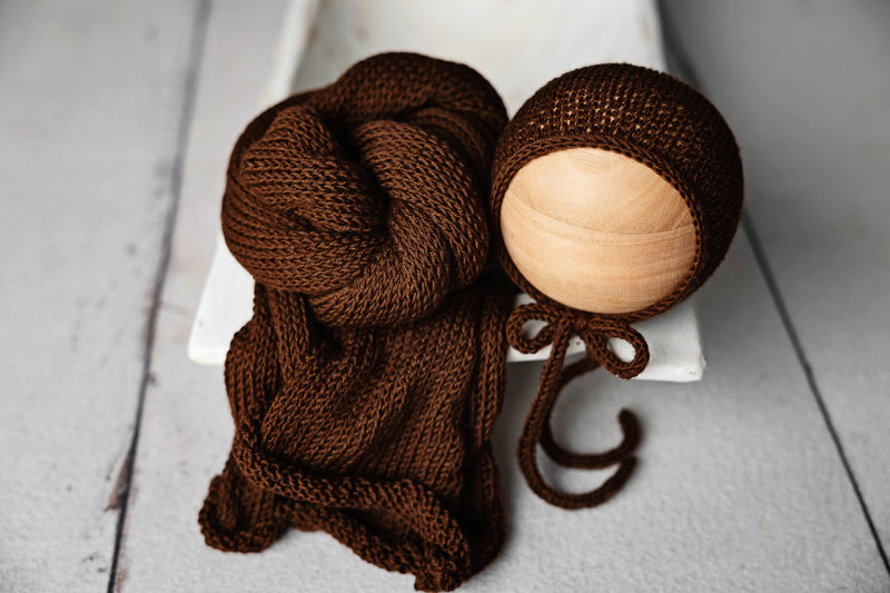 Newborn Photography Knit Wrap & Bonnet Hot Coco