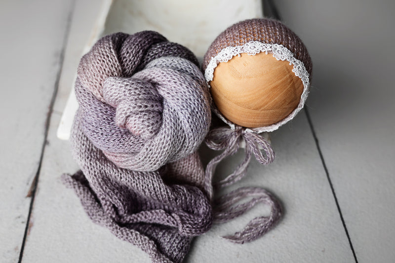 Newborn Photography Knit Wrap & Bonnet Purple Blue Gradient Lace Brim