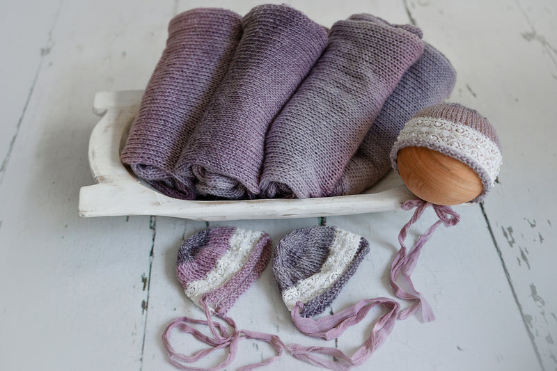 Newborn Photography Knit Wrap & Lace Bonnet Purple Blue Gradient