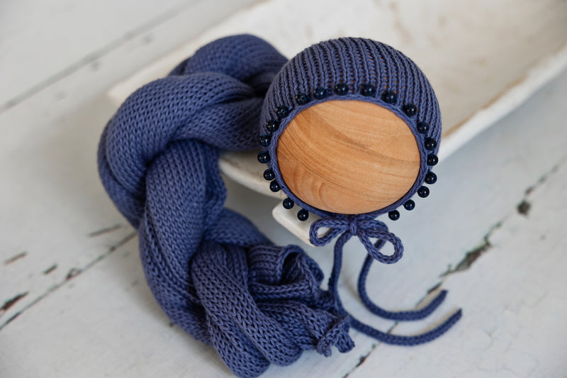 Newborn Photography Knit Wrap & Beaded Bonnet Periwinkle